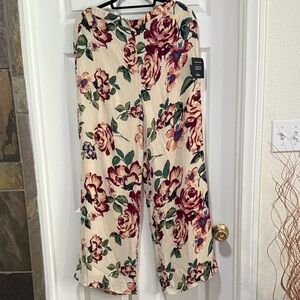 Lulu's Floral Wide Leg Pants in Cream and Burgundy